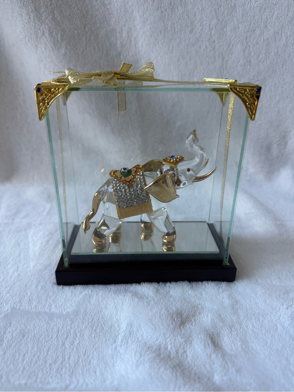Decorative Gold & Clear Elephant Figurine in Glass Display Case - Home Art